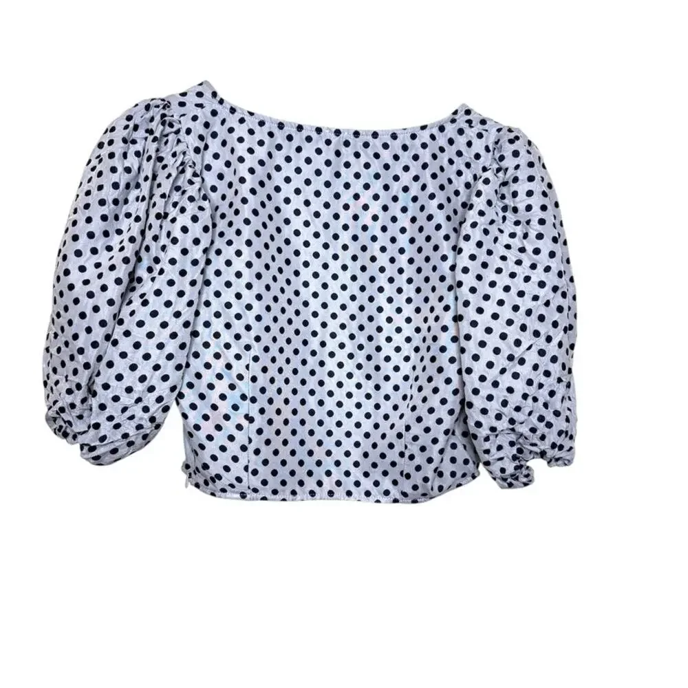 Free People Revolve Puff Sleeve Blouse Cropped Polka Dot Blue Women 6‎